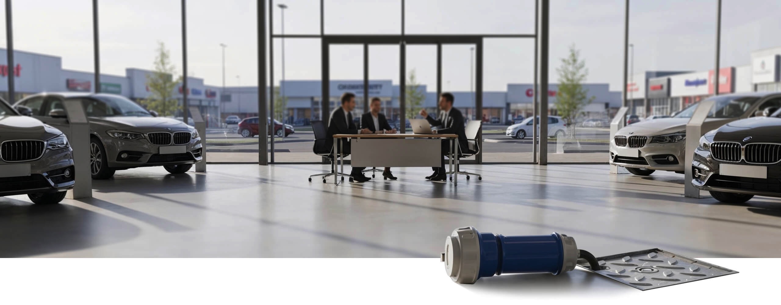 Pop Up Power Supplies Ltd FlyBox in a car showroom setting